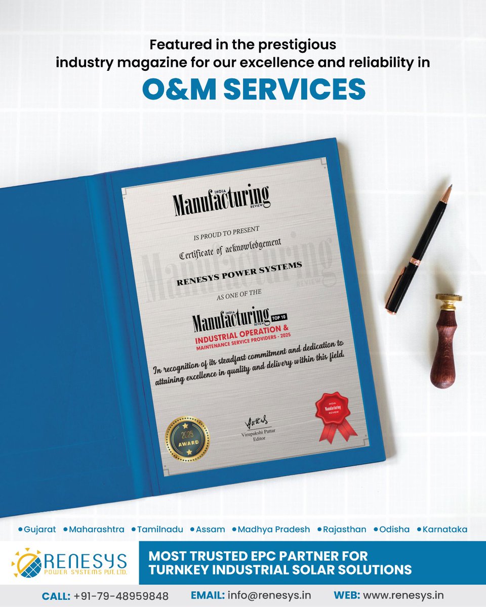 Renesyspower's tweet image. Proud moment!

We’ve been recognized among the Top 10 Industrial O&amp;amp;M Service Providers – 2025 and featured in a leading industry magazine.
Consistency. Commitment. Excellence.
That’s what defines Renesys.

#RenesysPowerSystems #OMServices #SolarEPC #Top10Award #SolarIndustry