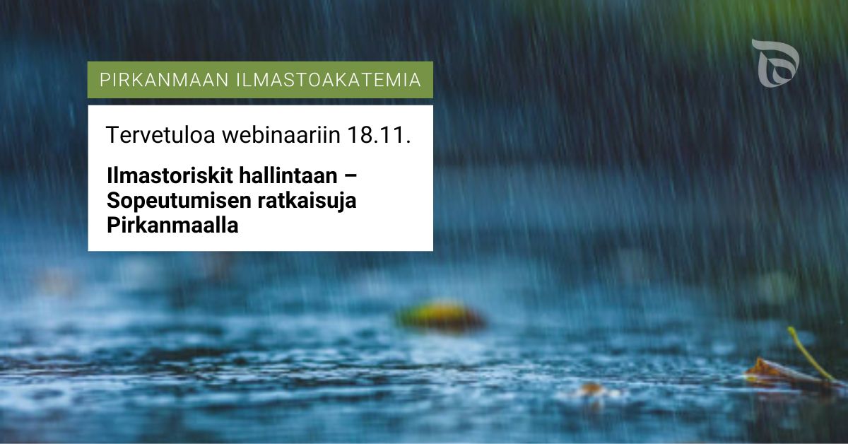 Millaisia ratkaisuja Pirkanmaalla on tehty ilmastonmuutokseen sopeutumisessa? Miten hallitsemme ilmastoriskejä? Tervetuloa kuulemaan tästä webinaariin 18.11. klo 9.30–11.30. 
Lue lisää ja ilmoittaudu: ymparistoviisas.fi/2025/11/04/ilm…
Webinaari on kaikille avoin, tervetuloa!
