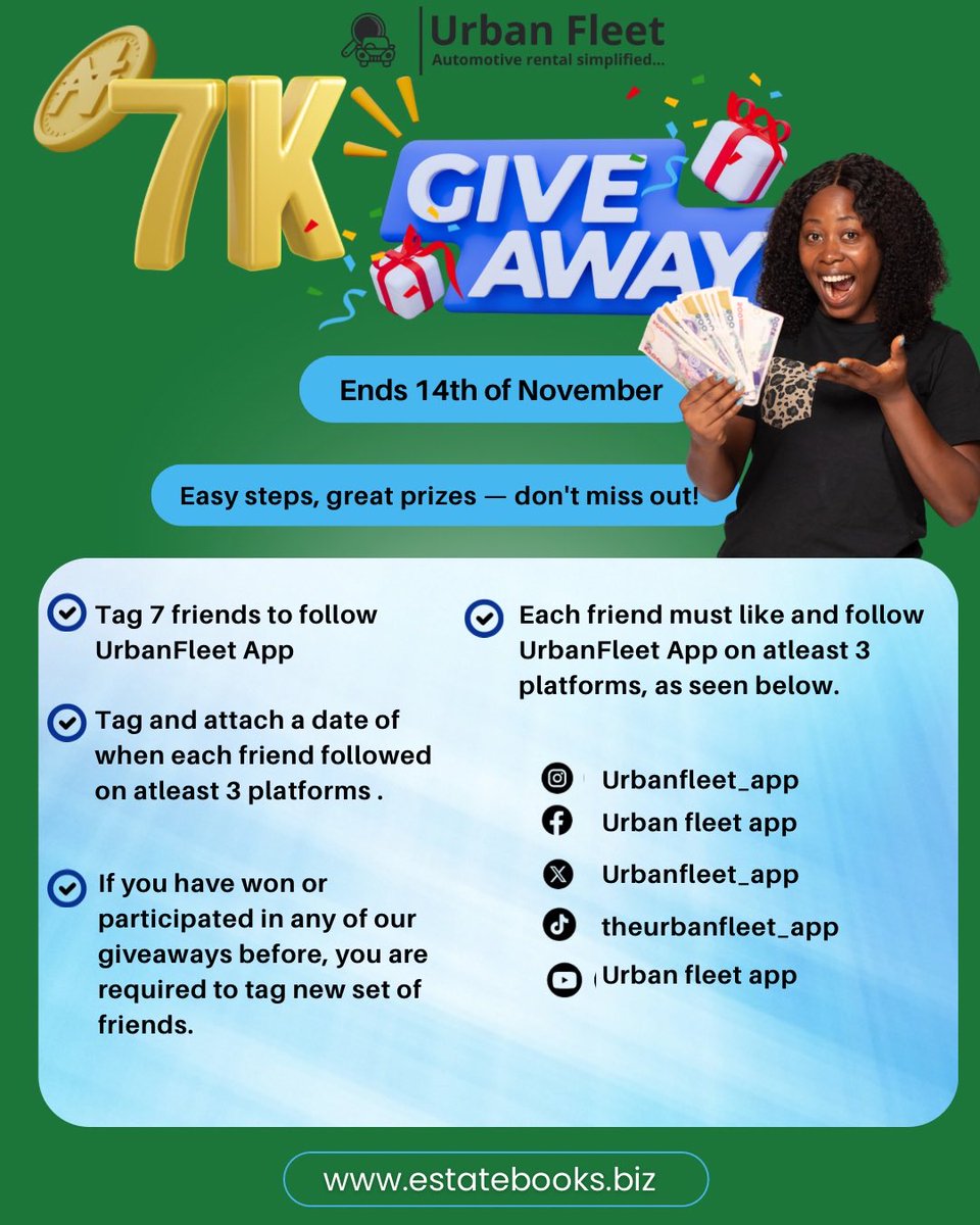 urbanfleet_app's tweet photo. Win big with Urban Fleet!
Join our ₦7000 giveaway before Nov 14th — it’s quick, easy, and rewarding! Don’t miss out!
#UrbanFleet #GiveawayAlert #WinBig #CashGiveaway #NaijaGiveaway #UrbanFleetApp #AutomotiveRental https://t.co/sihhaayfBP