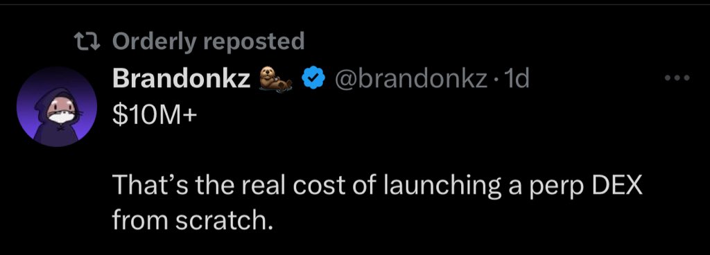 the cost to launch a perp DEX from scratch is significantly high.

why spend all that money when all you need is just $750 worth of $order ?

peeps don’t realize how easy <a href="/OrderlyNetwork/">Orderly</a> has made it to spin up your own DEX with deep liquidity, reliable infra, and an active trader