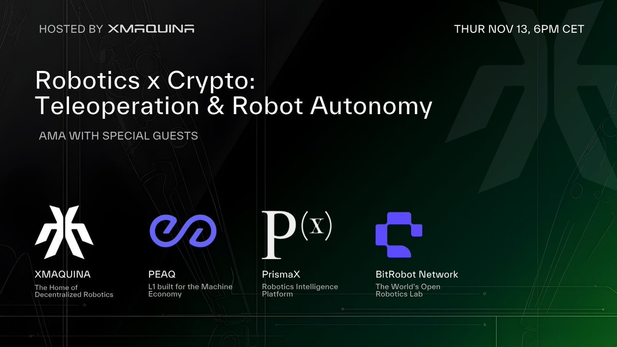 xmaquina's tweet image. Robotics x Crypto - Episode 3
&apos;Teleoperation as the Bridge to Autonomous Robots&apos;

What if the robots entering your home aren’t as autonomous as you think?

🗓️ Thu Nov 13 | 6PM CET
🎙️ @BitRobotNetwork · @peaq · @PrismaXai