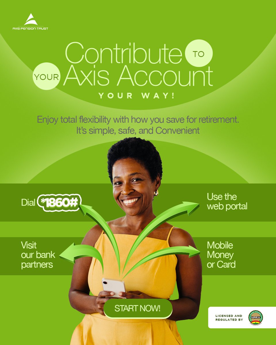 Contribute to your Axis account your way:

📲 Dial *1860#
💻 Use the web portal
🏦 Visit our bank partners
💸 Mobile Money or Card

✅ It’s simple, safe and convenient 

Start now! axispension.com/futureme