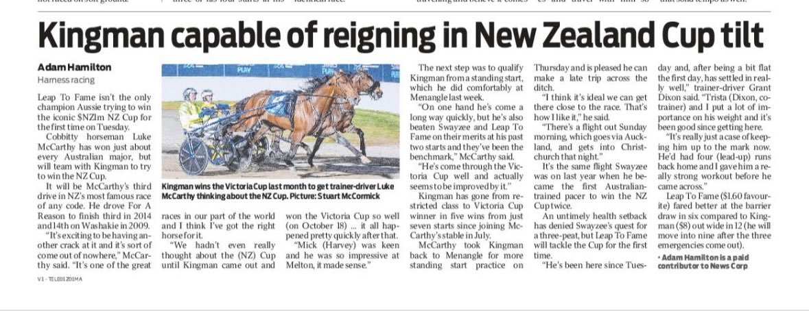 Kingman’s quest to win the iconic NZ Cup snares great coverage in today’s <a href="/telegraph_sport/">Telegraph Sport</a>