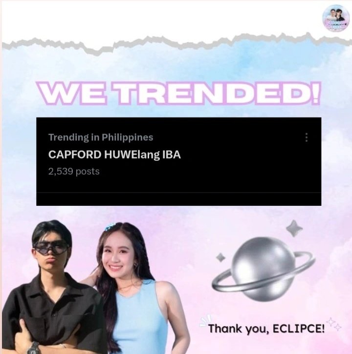 CapFordOFC's tweet photo. CAPFORD HUWElang IBA TALAGA! 
We trended again, ECLIPCE! CAPFORD HUWElang IBA is proof na walang tatalo sa solid support ng CapFord fam! 🫶
Thank you for always showing love to Clifford &amp; Caprice! 💫

#CapFordOFC 
#Caprice #Clifford
#PBBCollab2point0 https://t.co/o3U3jEdE0Y