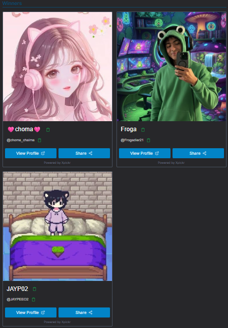 Thank you all for celebrating my pixelsversary with me, really means a lot🤍 Congrats to the <a href="/pixolotl_NFTs/">Pixolotl</a> winners please reply with your receiving address <a href="/choma_chaima/">🩷choma🩷</a> <a href="/Frogadier21/">Froga</a> <a href="/JAYPEEO2/">JAYP02</a>