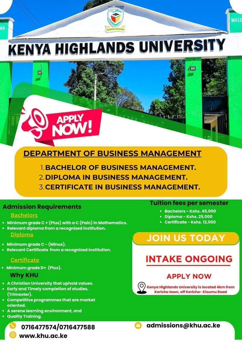 khu121's tweet photo. JANUARY 2026 INTAKE ONGOING.
Welcome to Kenya Highlands University
Applications and Registration of Masters, Degree,Diploma and Certificate programs are ongoing and you can apply online through https://t.co/uhxMH2vQtz
For more information call 0716477588/0716477574 https://t.co/O7hdhkHXwg