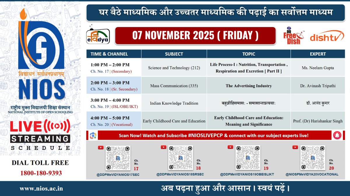 niostwit's tweet image. 📢 #NIOS LIVE PCP – 07 November 2025 (Friday)

🧪 Science &amp;amp; Technology (212)
📰 Mass Communication (335)
🧘‍♂️ Indian Knowledge Tradition
👶 Early Childhood Care &amp;amp; Education

📺 Watch LIVE on Ch. 17- 20
#NIOSLIVEPCP #NIOS #OpenSchooling #DigitalLearning #EducationForAll