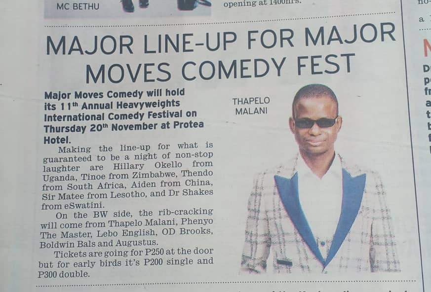 Big thanks <a href="/TheVoiceBW/">The Voice Newspaper</a> for covering the 11th Annual <a href="/hicofest/">IG: majormovesbw</a> 🔥🔥 Thurs 20th Nov 🇧🇼 <a href="/MajorMovesBW/">IG: majormovesbw</a> <a href="/DrHilaryOkello/">Dr Hilary Okello</a> <a href="/thapelomalanibw/">Thapelo Malani</a> #MajorMovesComedy #BWcomedy #bwcomedyfestival
