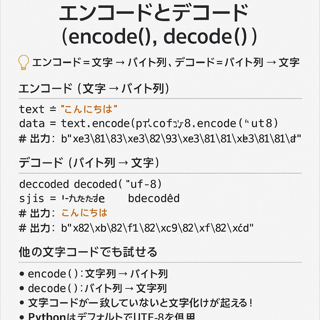 Ackfactory_ACC's tweet image. Python入門 #60：エンコードとデコード
encode() / decode() は「文字」と「バイト列」を変換するメソッド！
✅ encode() → 文字 → バイト ✅ decode() → バイト → 文字 ✅ UTF-8が基本、Shift_JISなども選べる
🔰 ファイル入出力や通信データ処理でよく使われます
#Python入門