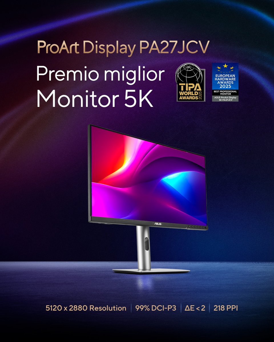 Scopri la nitidezza premiata di ProArt Display PA27JCV! 

Il suo pannello 5K è pensato per i creativi che cercano il massimo dettaglio. Dai vita ai tuoi progetti con una definizione senza paragoni.

Scopri la promozione ProArt: asus.com/it/proart/disp…

#ProArt #PA27JCV #5K