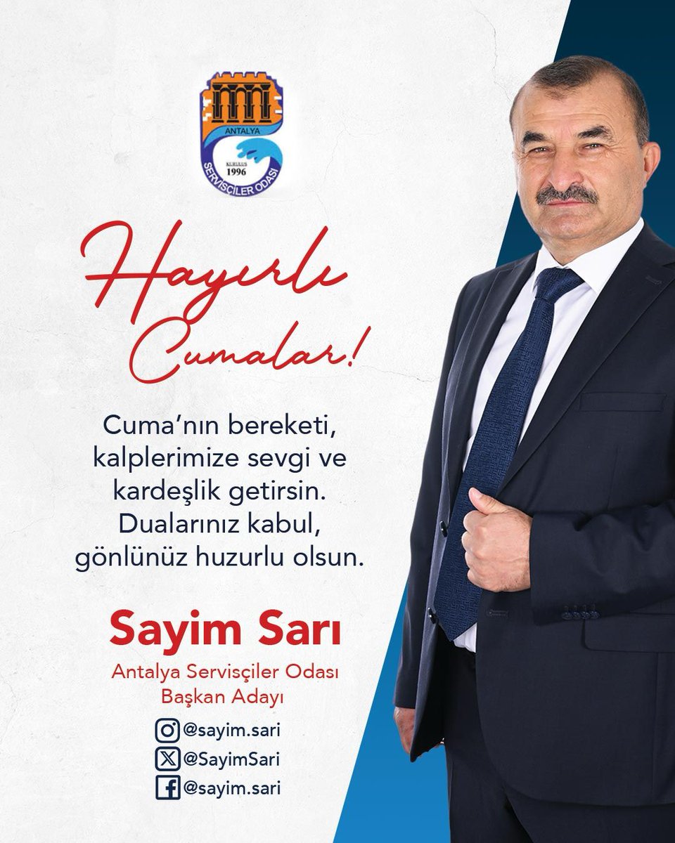 SayimSari07's tweet photo. Cuma'nın bereketi, kalplerimize sevgi ve kardeşlik getirsin. Dualarınız kabul, gönlünüz huzurlu olsun.

Hayırlı Cumalar

Antalya Servisçiler Odası Başkan Adayı Sayim Sarı
İletişim: 0532 786 1415

#antalyaserviscilerodası #antalyaservis #huzur #hayırlıcumalar i #sayimsarı https://t.co/koIits7xDJ