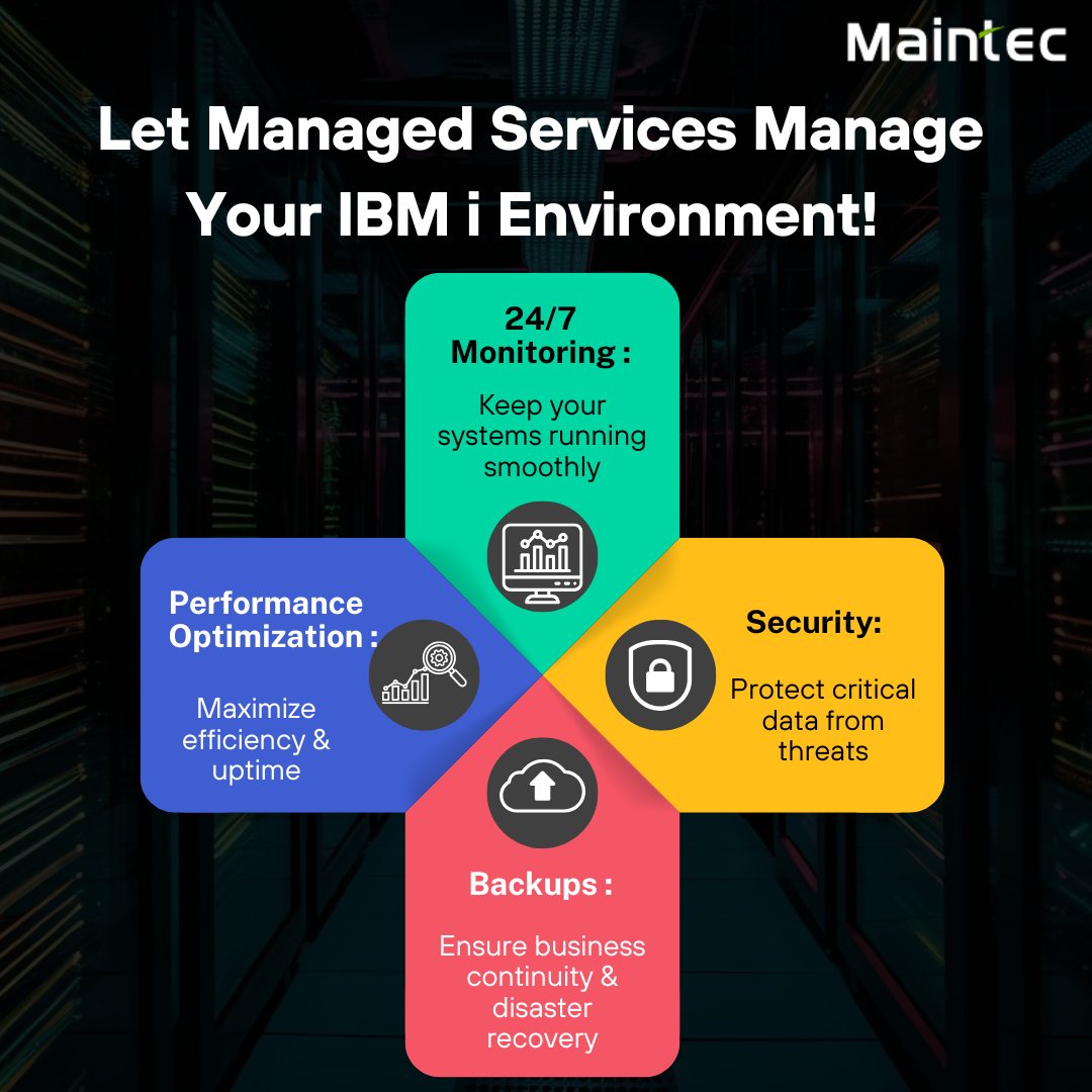 Maintec_Tech's tweet image. Efficiency. Security. Cost optimization.
Managed services bring these pillars together to deliver uninterrupted, resilient IBM i operations.
Explore how - lnkd.in/gQ_pWawK

#ibmi #ibmioperations #managedservices #ibmimanagedservices #maintec #as400