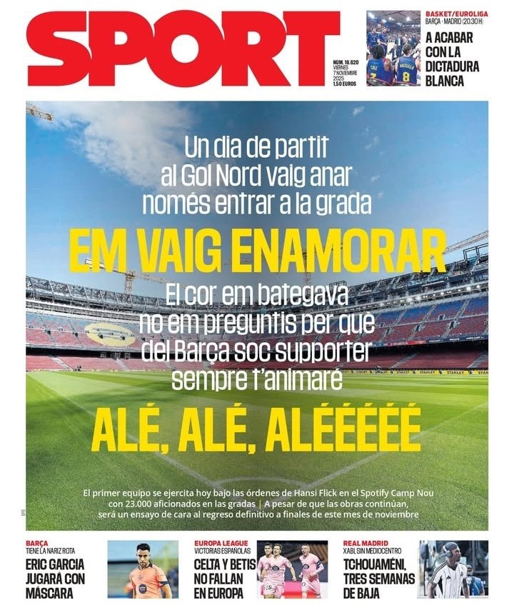 Portada real del diari Sport .
Sense els grups d'animació, aquesta cançó no existiria. Ni aquesta, ni cap de les que es canten sempre. Nosaltres som la història de l'animació i la cultura de grada que la junta del club vol extingir.
#VolemLaGradaDAnimacioAmbElsGrupsDAnimacio