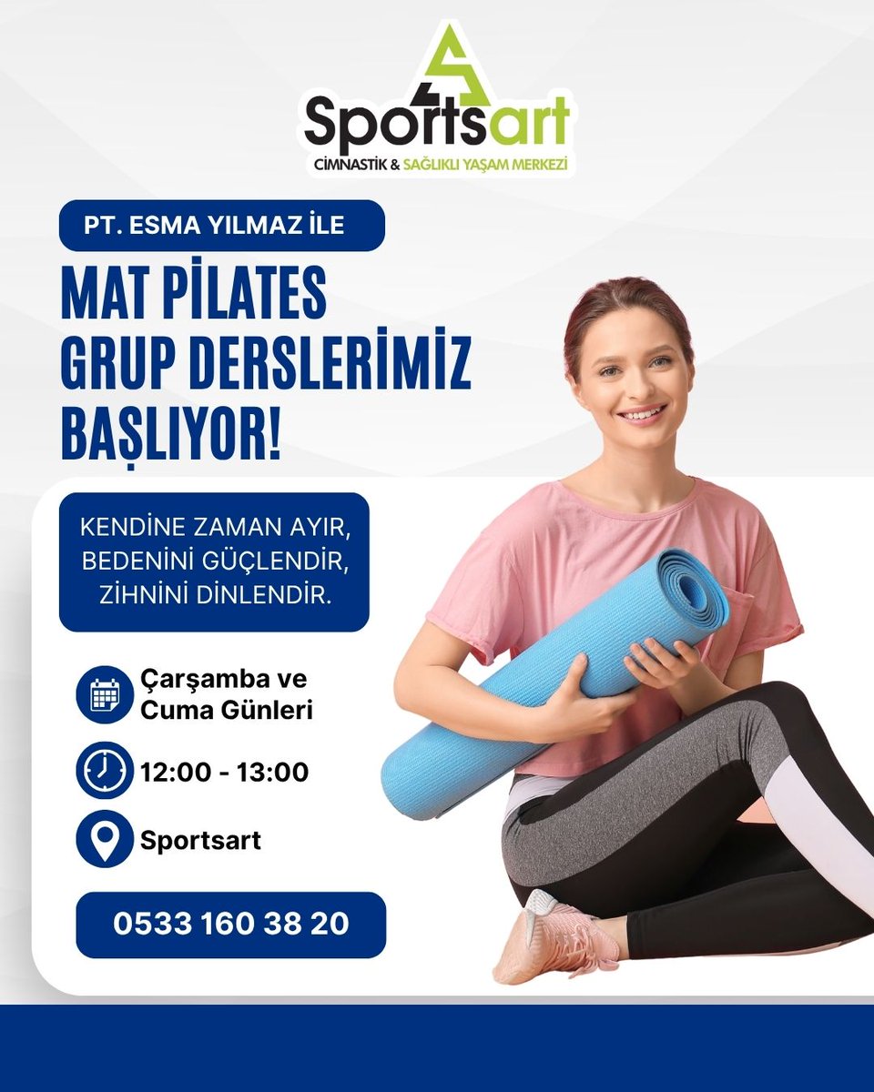 SportsartGym's tweet photo. Klasik bir Mat Pilatesinden çok daha fazlası için! 

PT. Esma Yılmaz ile Mat pilates grup derslerimiz başlıyor 🧘‍♀️
📅 Çarşamba - Cuma
🕛 12:00 - 13:00
Kendine bir saat ayır, günün tüm yorgunluğunu geride bırak!
Kayıt için: 0533 160 38 20 https://t.co/r4mYvobSZJ