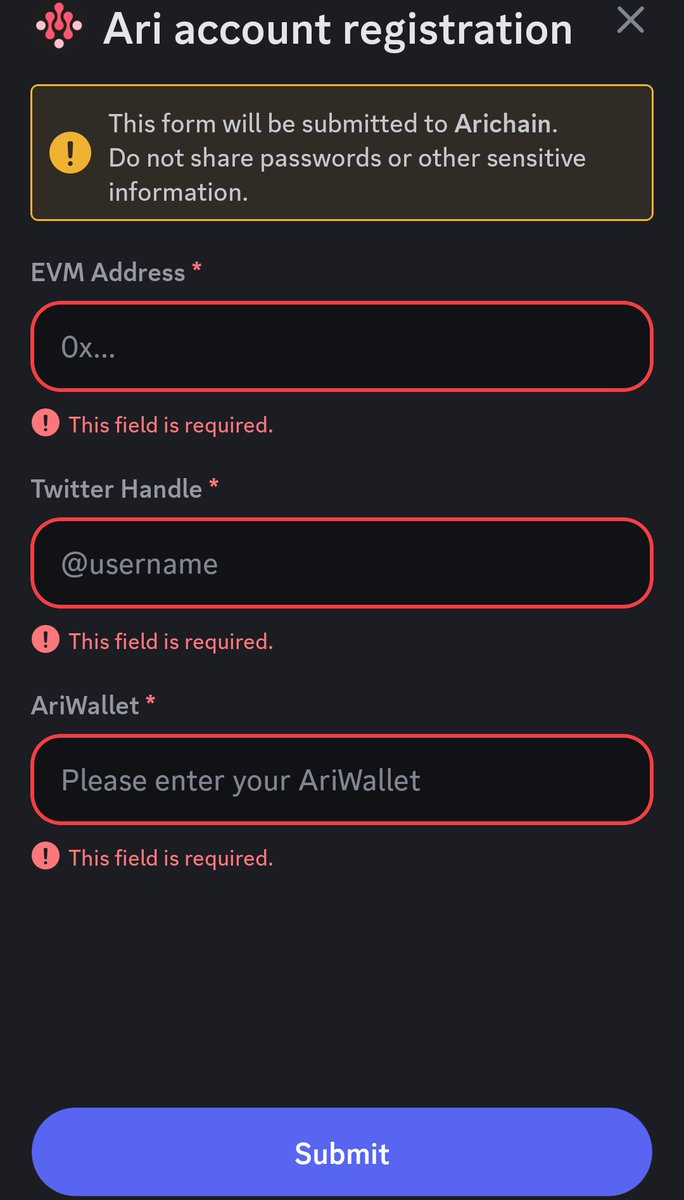 Gm Ari fams

📌 After you guys completed the wallet submission task, Discord username, and X handle in the Ari Wallet app, the next step is to complete the second submission on the Arichain Discord by following the steps below:

⚫Go to #Ari-Chat 

⚫Type /ari- (without