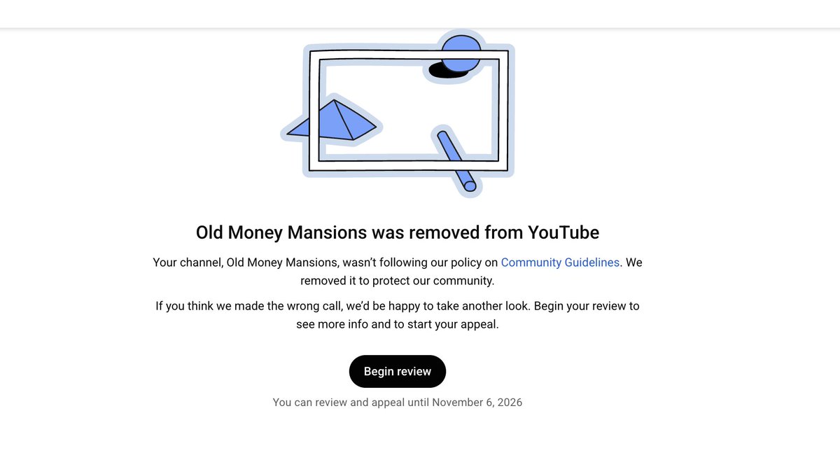 OldMoneyLuxury's tweet photo. Well, I woke up to yet another channel of mine being removed from YouTube... right after I began posting about the unfair treatment of creators with this automated ban. 

This channel was one of the last ones where I was able to make enough money to eat. https://t.co/O5ECAHOoM2