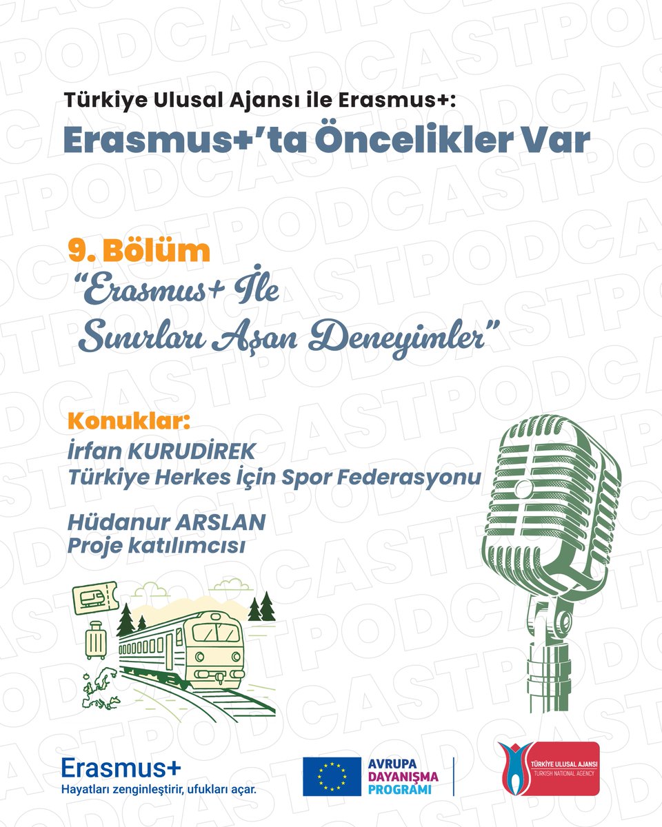 Erasmus+’ta Öncelikler Var 

9.Bölüm: Erasmus+ ile Sınırları Aşan Deneyimler 

📌Hayatları zenginleştiren, ufukları açan Erasmus+ Programının sunduğu eşsiz fırsatları konuştuğumuz Erasmus+’ta Öncelikler Var podcast serimizin 9. bölümü yayında📢 

🎙Türkiye Herkes İçin Spor