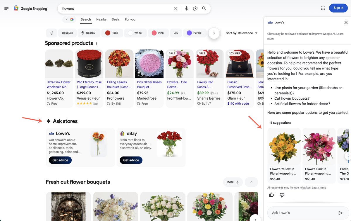 SERPalerts's tweet photo. Google is now testing out an 'ask stores' section within the Shopping tab. 

The section features prominent related stores to the query with a 'get advice' CTA attached to them. 

When selecting the CTA, it then opens the sales assistant feature that has been showing in various capacities since November of 2024.

Details: https://t.co/pVz5kSkI7s

--                        

📧 Stay on top of changes to Google's SERPs by subscribing to the SERP Alert Newsletter. Join 3,100+ subs for monthly updates: https://t.co/CyLde59l8t