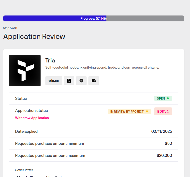 chl89828's tweet photo. I’ve completed my participation in the Tria( @useTria ) sale on Legion, and it’s currently under review! I’m extremely bullish on the Tria project, so I set my minimum allocation to $50 just to make sure I get at least a small amount.
Really hoping to receive a good allocation and join the sale!

Let’s go Tria! Let’s go Legion! 🚀