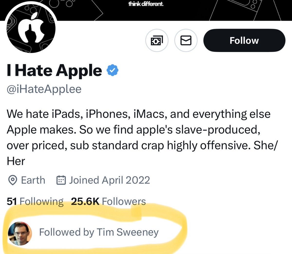 bianchini_alain's tweet image. Tim Sweeney, CEO of Epic Games, is following an account named “I Hate Apple” 😂😂
