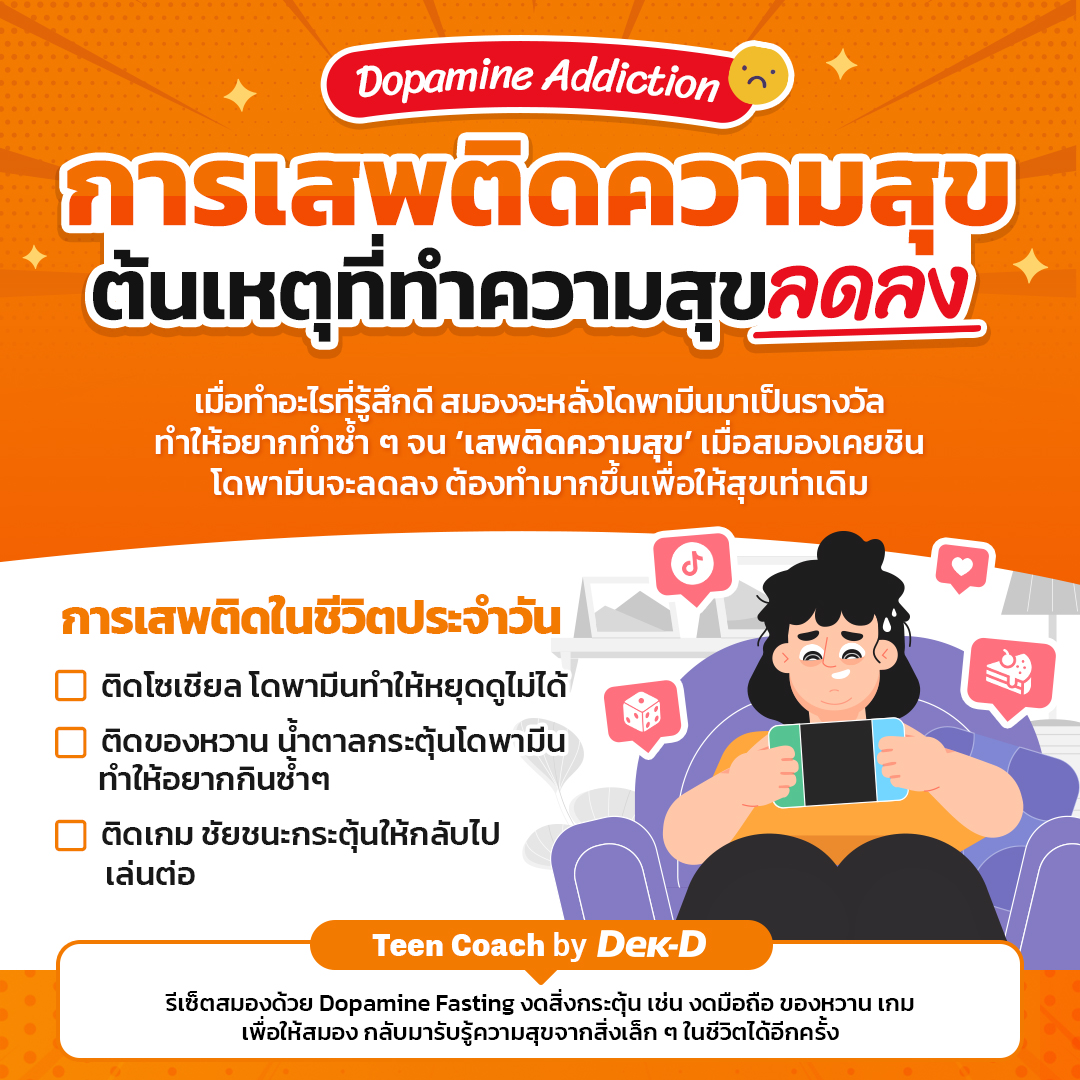 webdekd's tweet image. #dekdTeenCoach เคยมั้ย..ติดอยู่กับอะไรนาน ๆ แต่ในวันนึงเรากลับไม่มีความสุขกับสิ่งนั้นอีกต่อไป
.
“การเสพติดความสุข” เกี่ยวข้องอย่างลึกซึ้งกับสารสื่อประสาทที่ชื่อว่า โดพามีน (Dopamine) ซึ่งเป็นสารสื่อประสาท ที่บทบาทสำคัญกับความสุข ความพึงพอใจ หรือแม้แต่ตอนเราออกกำลังกาย…
