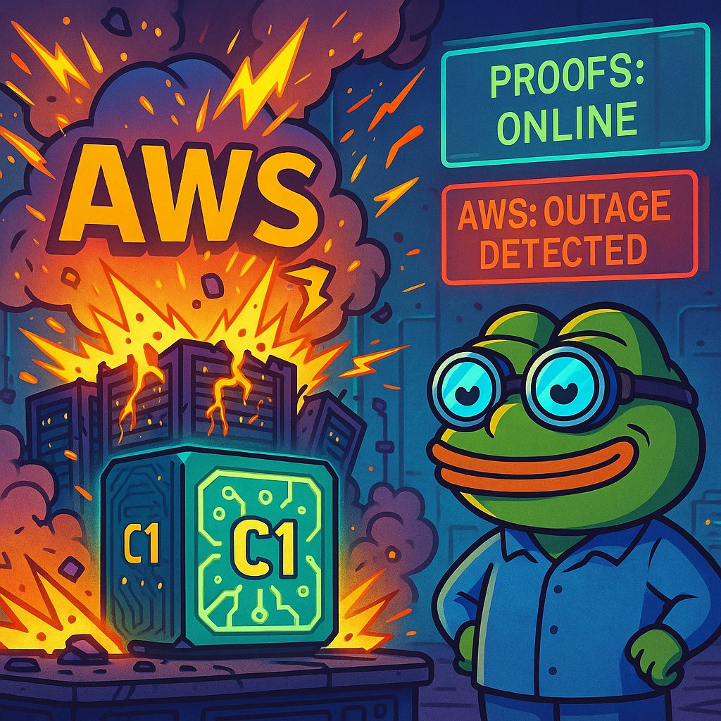 What happens when AWS sneezes…
and half the internet catches a cold?
But the C1 ASIC keeps proving like nothing happened. <a href="/cysic_xyz/">Cysic</a> 

Narrative (Setup → Contrast → Payoff)

Yesterday:

AWS goes down → exchanges freeze

dashboards die

bots panic

users spam F5 like it’s a