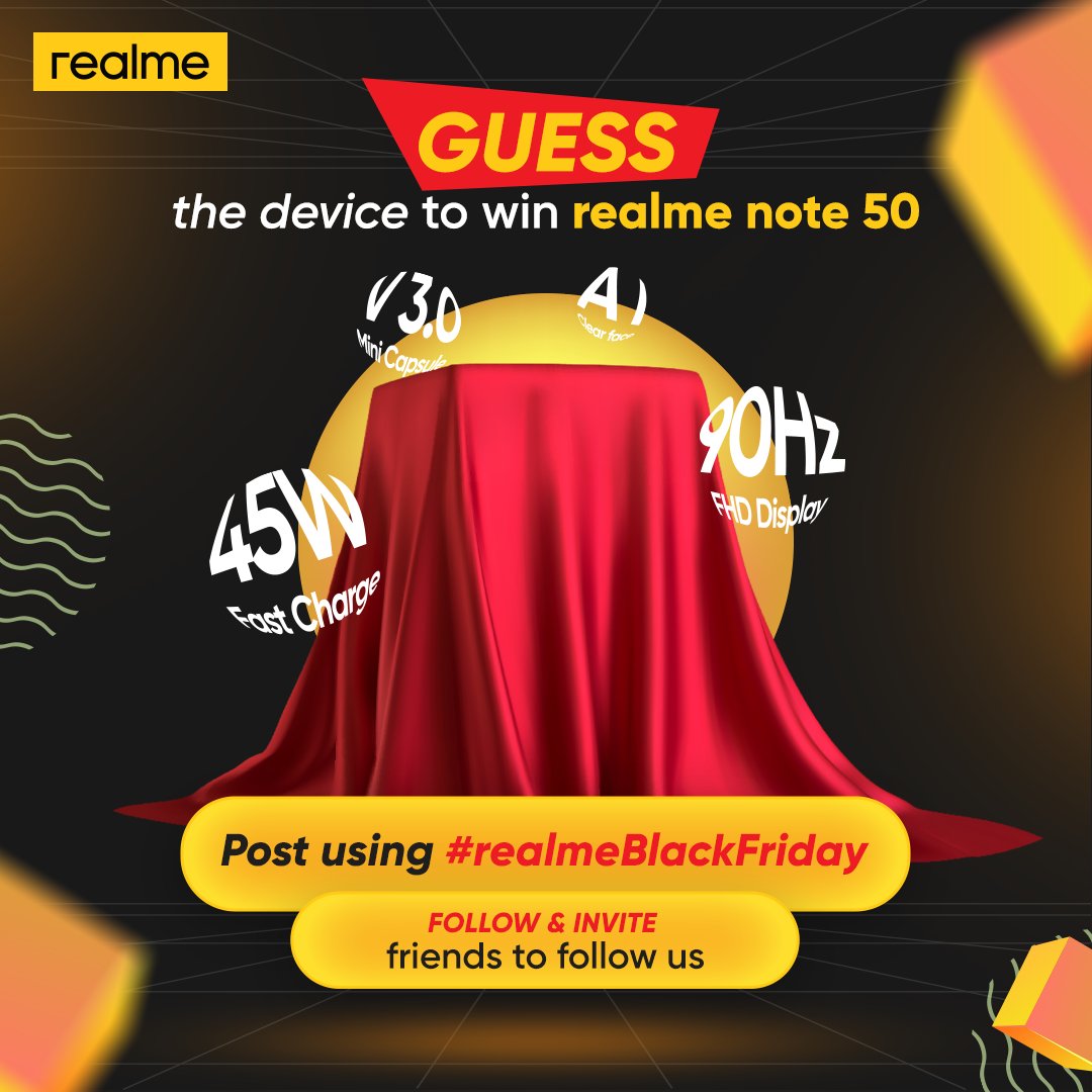 We're giving away 3 realme Note 50 on today's edition of #realmeBlackFriday.

Guess the device first! Name the realme phone that boasts these powerful specs:
📱 90Hz FHD Display
⚡ 45W Fast Charge
📸 AI Clear Face
💊 Mini Capsule 3.0
To enter:
Guess the device in the comments.