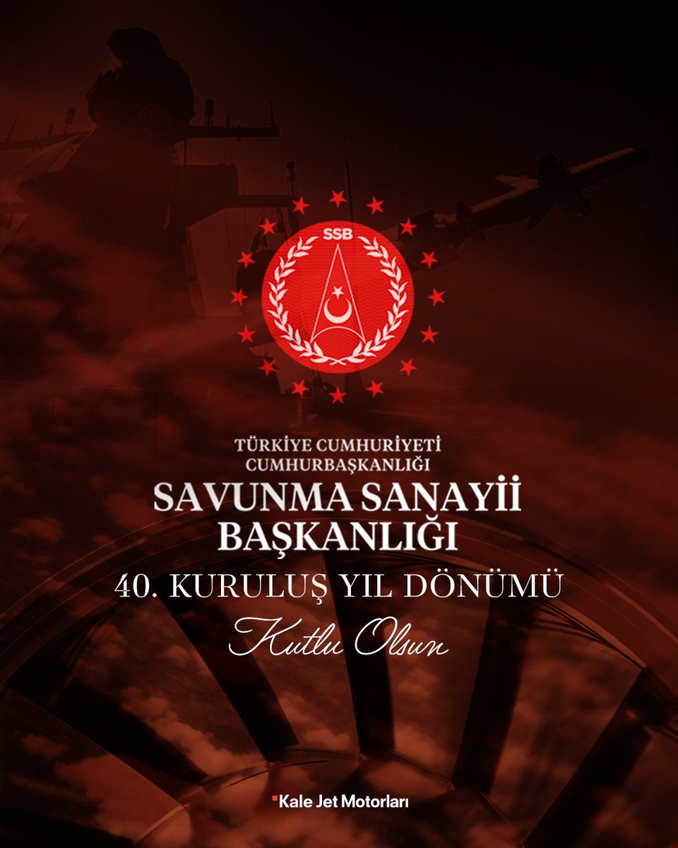 Yerli ve Milli savunma sanayimizin öncüsü olan Savunma Sanayii Başkanlığımızın kuruluşunun 40. Yılı kutlu olsun.

<a href="/SavunmaSanayii/">SSB</a> 
#savunmasanayi #kalejetmotorları #SSB #SSB40 #YerliveMilli #GüçlüTürkiye #Turbojet