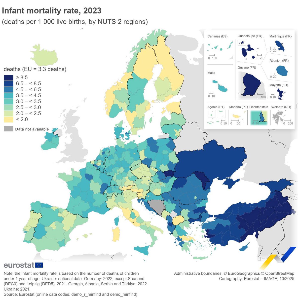 ManTray3's tweet image. One of my favourite writers, Vaclav Smil, considers infant #mortality as the best measure of wellbeing. In that regard, the Nordics have it good.

Source: @EU_Eurostat