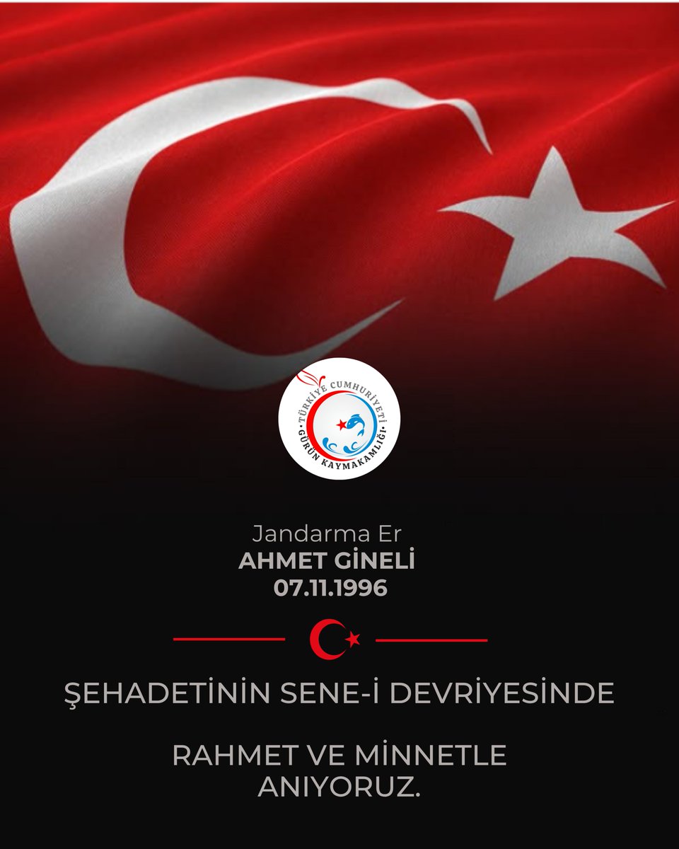 Jandarma Er Ahmet GİNELİ 07.11.1996 yılında askerlik yaptığı Eskişehir ilinde mahkûm götürürken geçirdiği trafik kazası sonucu sonucunda Şehit olmuştur.
Şehidimiz Ahmet GİNELİ'nin şehadetinin yıl dönümünde saygı, rahmet ve minnetle anıyoruz.
🇹🇷 Ruhun şad, mekânın cennet olsun.