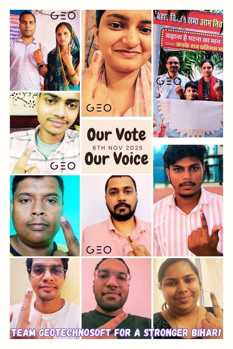 GeoTechnosoft's tweet image. Our Vote, Our Voice. 🗳️
Proud that Team GeoTechnoSoft participated in the Bihar Elections 2025!
We build technology — and a stronger community. 💪
#GeoTechnoSoft #TeamGeoTechnoSoft #BiharElections2025 #ProudVoter #YourVoteMatters #Bihar #Democracy