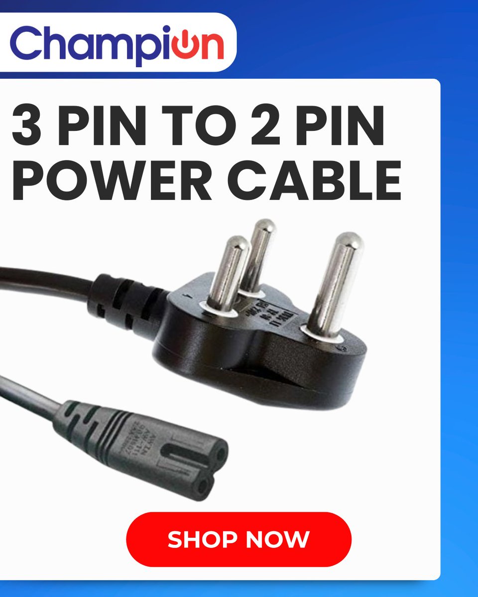 ChampionComps's tweet image. Champion 3 Pin to 2 Pin Power Cable – Safe &amp;amp; Durable Connection! 🔌
Visit our site now - championindia.com
#ChampionIndia #PowerCable #3PinTo2Pin #PowerConnector #ChargingCable #ElectronicsAccessories #ReliableConnection #SafePower #DurableCable #TechEssentials #PowerUp