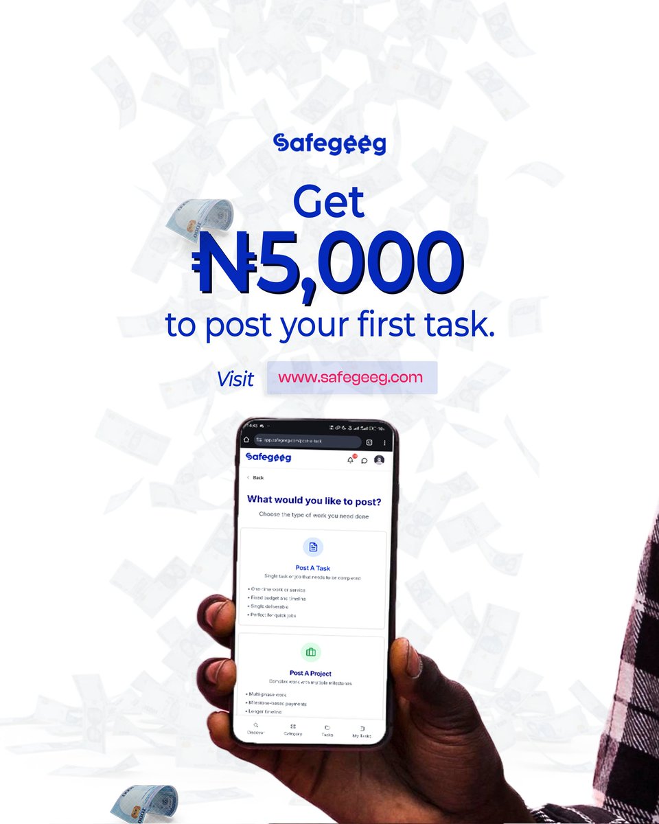 Got work that needs to be done?
Let Safegeeg handle it... and get ₦5,000 when you post your first task! 
🚀
Visit safegeeg.com to begin.

#safegeeg #getafreelancer #freelancers