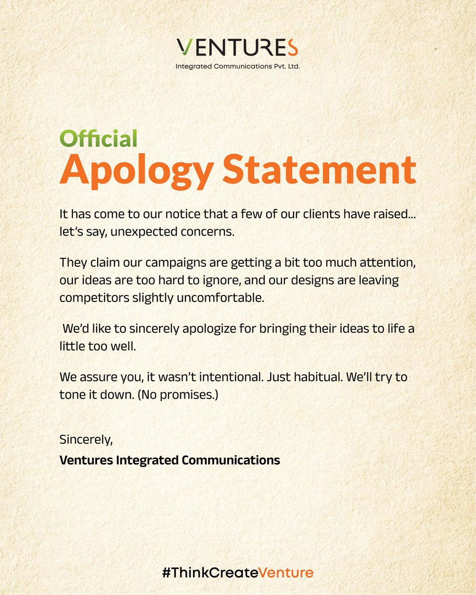 venturescomm's tweet photo. Following the trend...

(Ventures, Creative agency, Trends, Moment marketing, Creativity)

#apologylettertrend #momentmarketing #apologyletter #trending #venturesintegratedcommunications #thinkcreateventure #creativeagency https://t.co/l1hQrtA5uE