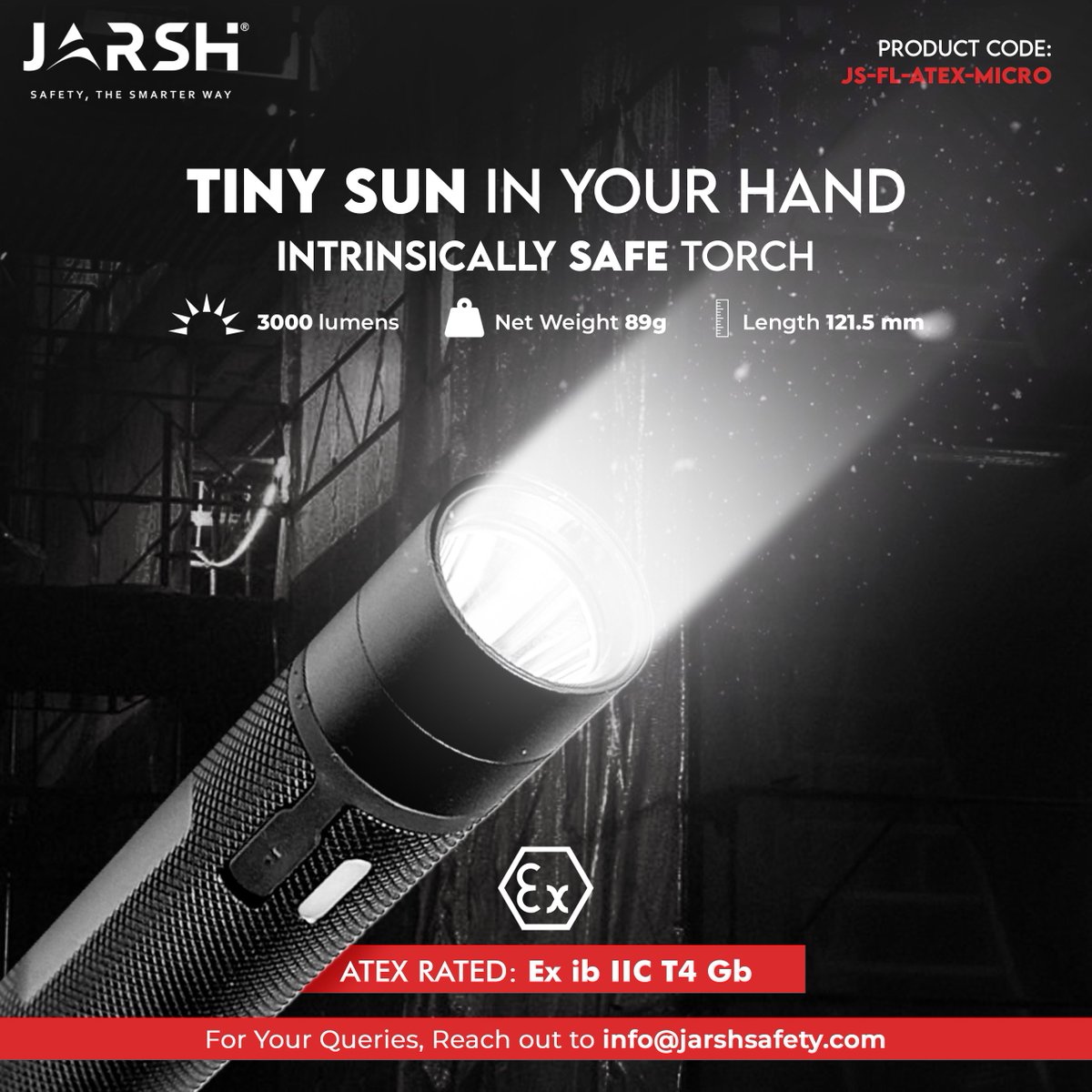 JarshSafety's tweet photo. 3000 lumens! 89g! ATEX Rated! Jarsh Intrinsically Safe Torch is a TINY SUN IN YOUR HAND.

Code: JS-FL-ATEX-MICRO

#ATEX #Flashlight https://t.co/CrLLTblA3G