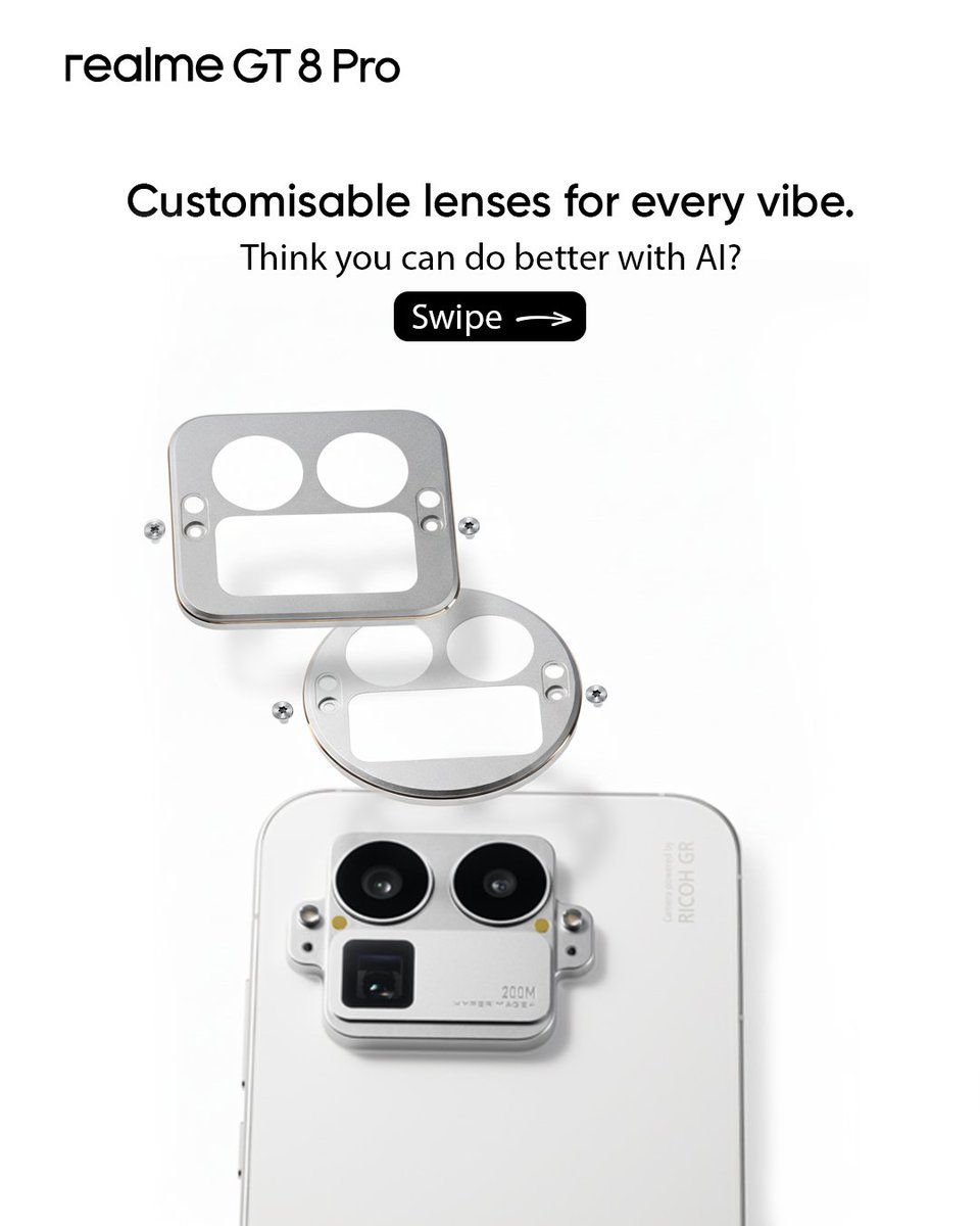 realmeIndia's tweet image. Think your creativity can outsmart the #realmeGT8Pro? 👀

Customize the realme GT8 Pro lens your way and show us your vibe.

Take a screenshot of the lens, try your favorite AI prompt, and share your entry with #MyGT8ProMood on your social handles or in the comments or the realme…