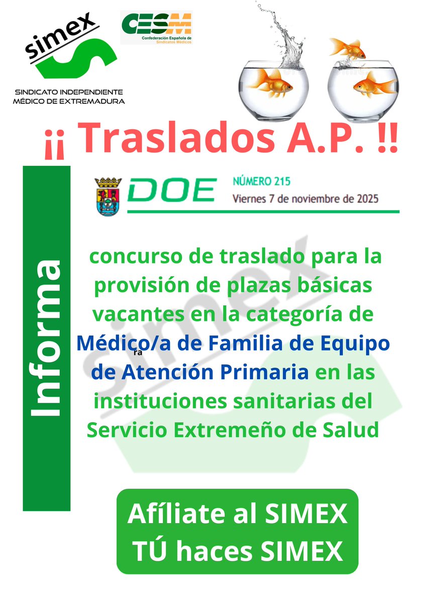 SIMEX_CESM_1's tweet image. Concurso de TRASLADOS para Médic@s de A.P.
doe.juntaex.es/pdfs/doe/2025/…