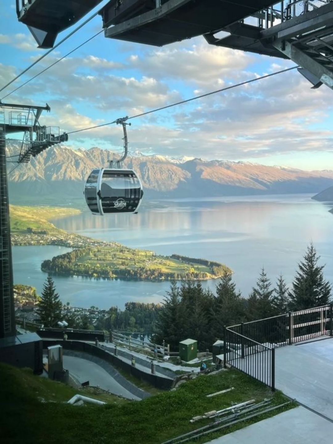Skyline Gondola overlooking Lake Wakatipu and mountains in Queenstown, New Zealand