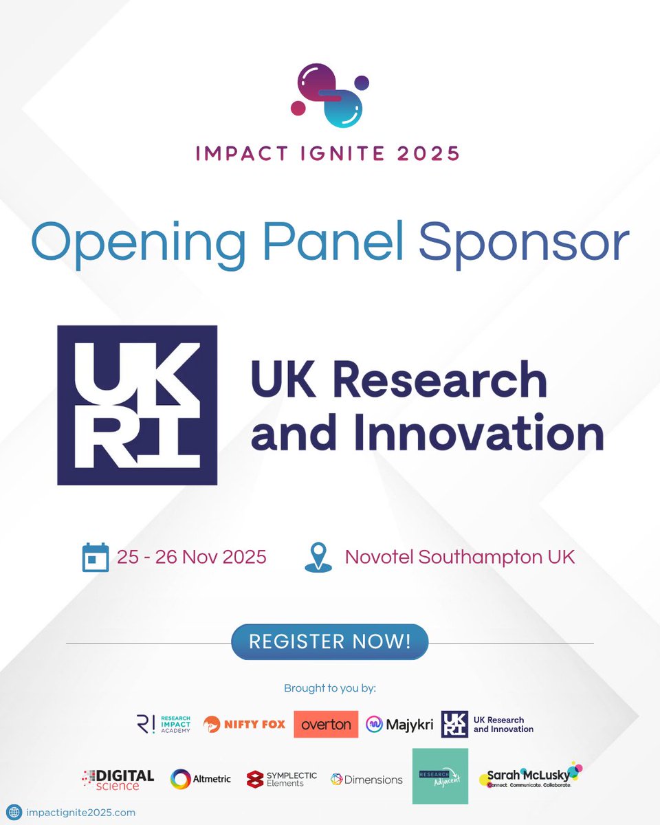 We’re thrilled to have UKRI as the Opening Panel Session Sponsor at Impact Ignite 2025! 

They’ll lead the opening discussion, sharing insights on innovation and impact.

Join us 25–26 Nov (UK). Register now: 

#ImpactIgnite2025 #researchimpact  impactignite2025.com