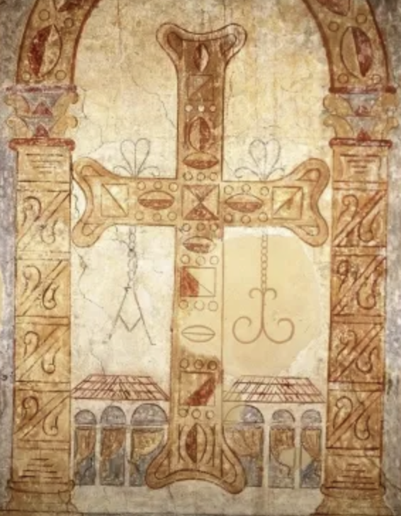 En la primera foto, detalle del palacio de Teodorico en Rávena (principios siglo VI, S. Apolinar Nuevo).
En la de la derecha, palacio del reino de Asturias (principios siglo IX, S. Julián de Prados)
En su propaganda, son profundas las raíces tardoantiguas del reino de Asturias