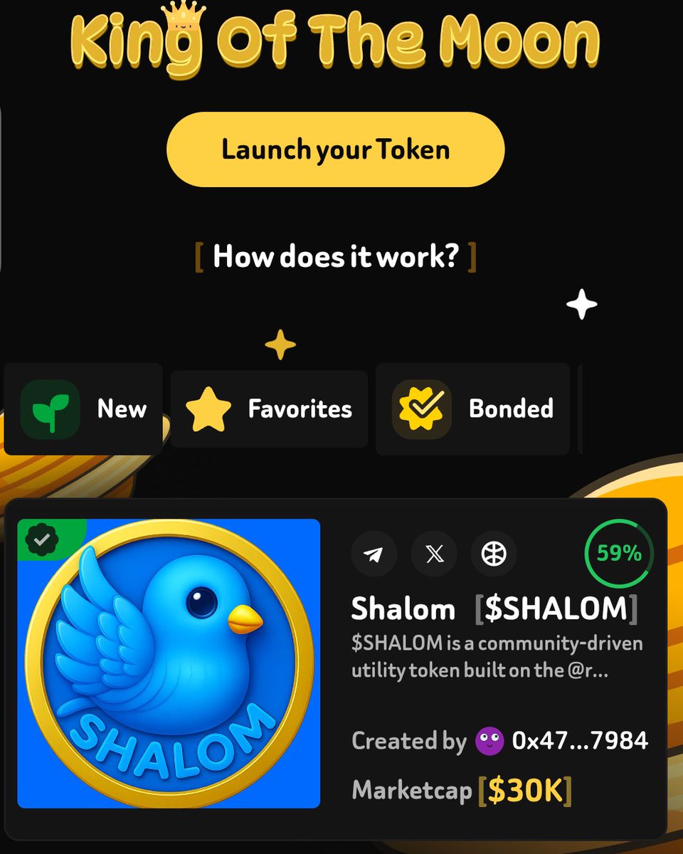 🚨BREAKING🚨
$SHALOM  is live 
Token Name: Shalom

- Ticker: $SHALOM

- Trading Pair: $XRWA / $SHALOM

- Official Launchpad: <a href="/MoonPieFun/">MoonPie</a>

- Link: Moonpie.fun

- Blockchain: <a href="/rwaassetchain/">Asset Chain 🌍 (AI-RWA L1)</a>

Contract Address: 0xd90E8d3c74d9f804082C06BEaD0a0133C82E3d69