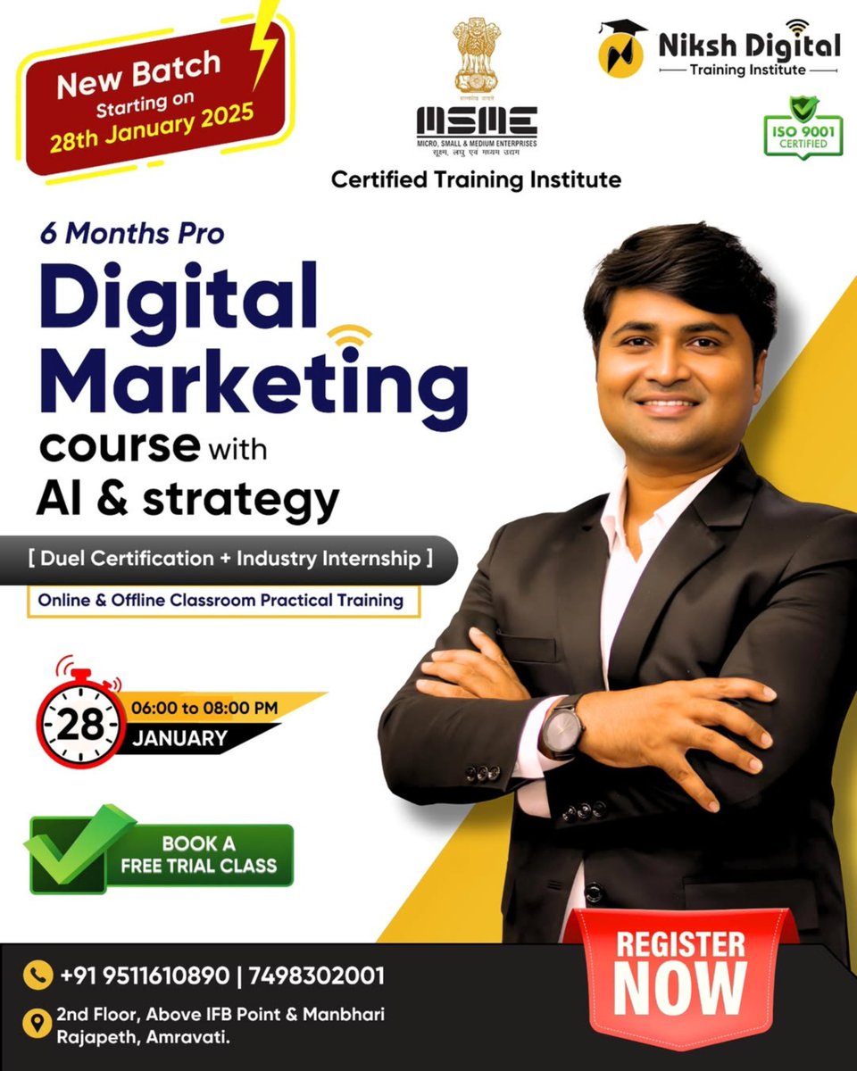 nikshinstitute's tweet image. Future-proof your career! 🤖 Join the 6-Month Digital Marketing Course at Niksh Digital, focused on mastering AI, Strategy, and practical skills. Get industry-ready with the latest curriculum.
#DigitalMarketingCourse #AIforMarketing #MarketingStrategy #NikshDigital