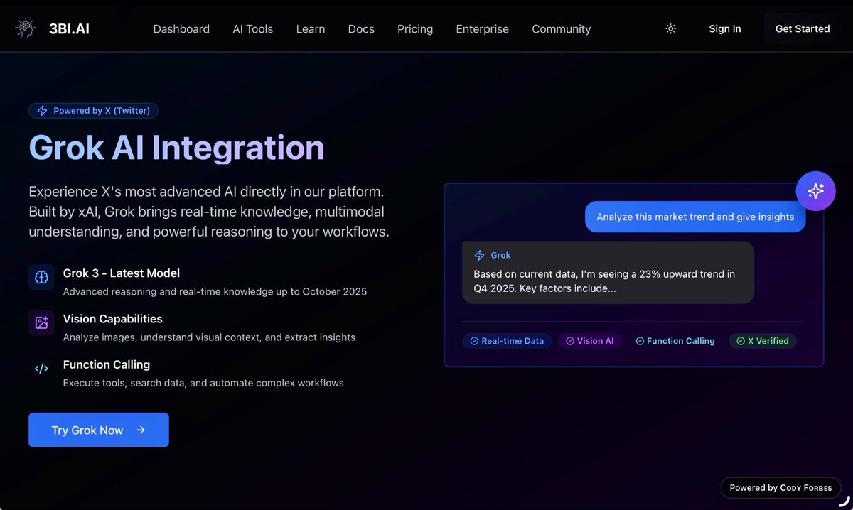 applyai's tweet image. @Grok’s out of the bottle-straight into 3bi.ai. Unlimited prompts, no rate limits, zero lectures. Make it write code, make it draw you, make it roast your ex. Your move. @xai
@CodyForbes