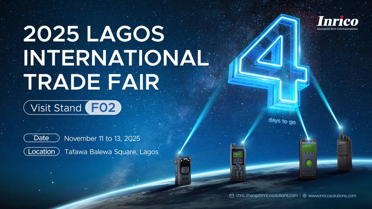 InricoSolutions's tweet photo. Just 4 days to go!⏳
#Inrico is ready for the 2025 LAGOS INTERNATIONAL TRADE FAIR, where we'll showcase our advanced communication solutions applied across industries, including #publicsafety, #security, and more.
📍F02, Tafawa Balewa Square, Lagos, Nigeria
📅Nov. 11–13, 2025 https://t.co/sS113nIgNk