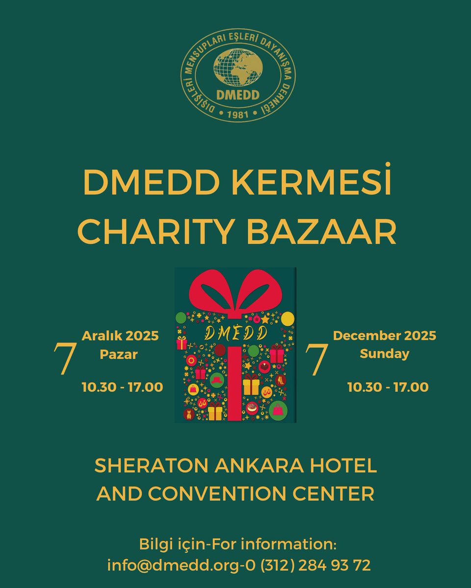 dmedd_info's tweet photo. 🛍️ Büyük bir heyecanla beklediğiniz DMEDD Kermesi için geri sayım başladı! ⏳
7 Aralık 2025, Pazar günü saat 10.30’da Sheraton Ankara Otelinde buluşmak üzere… https://t.co/qa9w9eWisJ