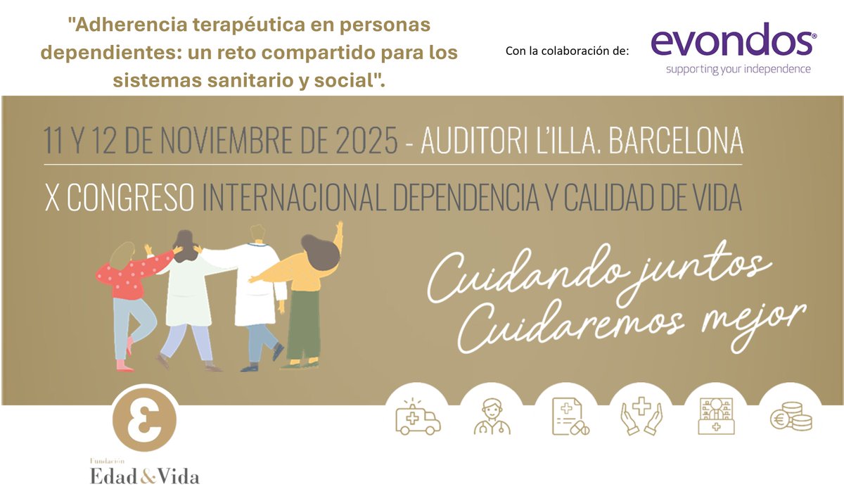 💊En el #CongresoEdadYVida abordamos un reto clave:
 “Adherencia terapéutica en personas dependientes, un desafío compartido para el sistema sanitario y social”
 🔹Innovación tecnológica
 🔹Coordinación sociosanitaria
 🔹 Atención domiciliaria y bienestar
Coorganizada por Evondos
