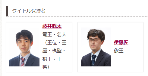 伊藤匠二冠になってから大分たってるのに情報が更新されてない。連盟に連絡してもスルーですよ。
棋士の情報は随時更新してほしい🥲
<a href="/shogi_jsa/">日本将棋連盟【公式】</a> #将棋　#王座戦 
shogi.or.jp/player/