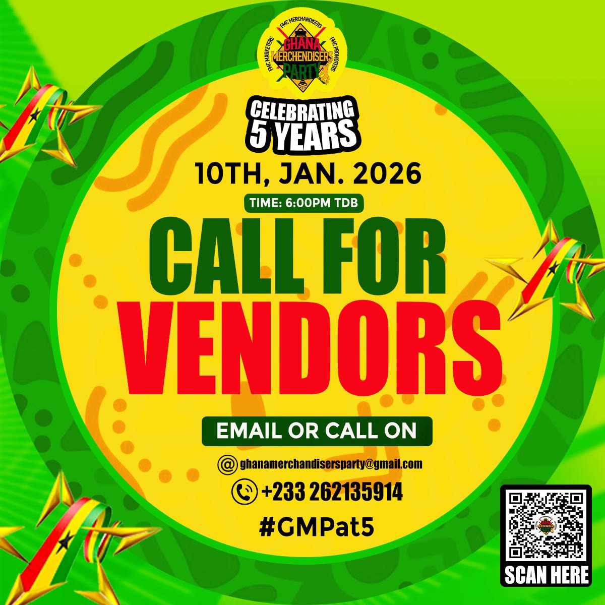 We officially extend our CALL for VENDORS interested in serving our patrons as we celebrate the 5TH ANNIVERSARY of the GHANA MERCHANDISERS PARTY (Annual Party for FMCG Merchandisers, Promotors and Marketers). 

#GMPat5 #GhanaMerchandisersParty #SentOneEntertainment 🇬🇭