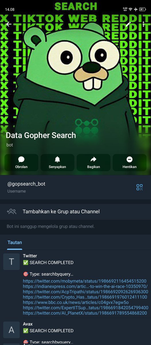 marcap1620's tweet image. Just launched Data Gopher Search — a Telegram bot that searches x, tiktok, web, reddit🔍
Built with Gopher data for the #BuildToEarn program ⚡
Check it out 👉t.me/gopsearch_bot
@gopher_ai
#GigaGopher