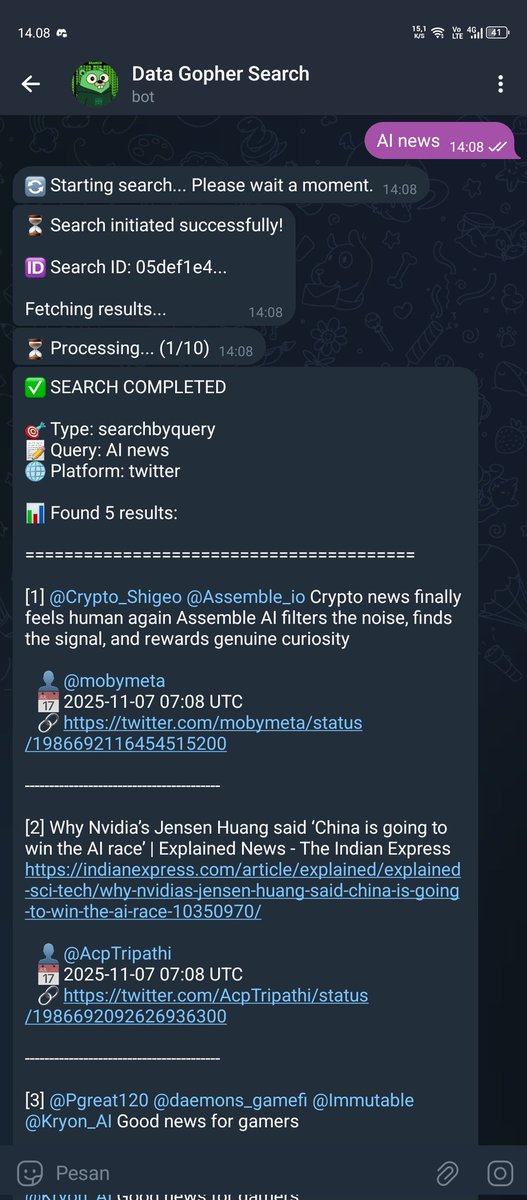 marcap1620's tweet image. Just launched Data Gopher Search — a Telegram bot that searches x, tiktok, web, reddit🔍
Built with Gopher data for the #BuildToEarn program ⚡
Check it out 👉t.me/gopsearch_bot
@gopher_ai
#GigaGopher